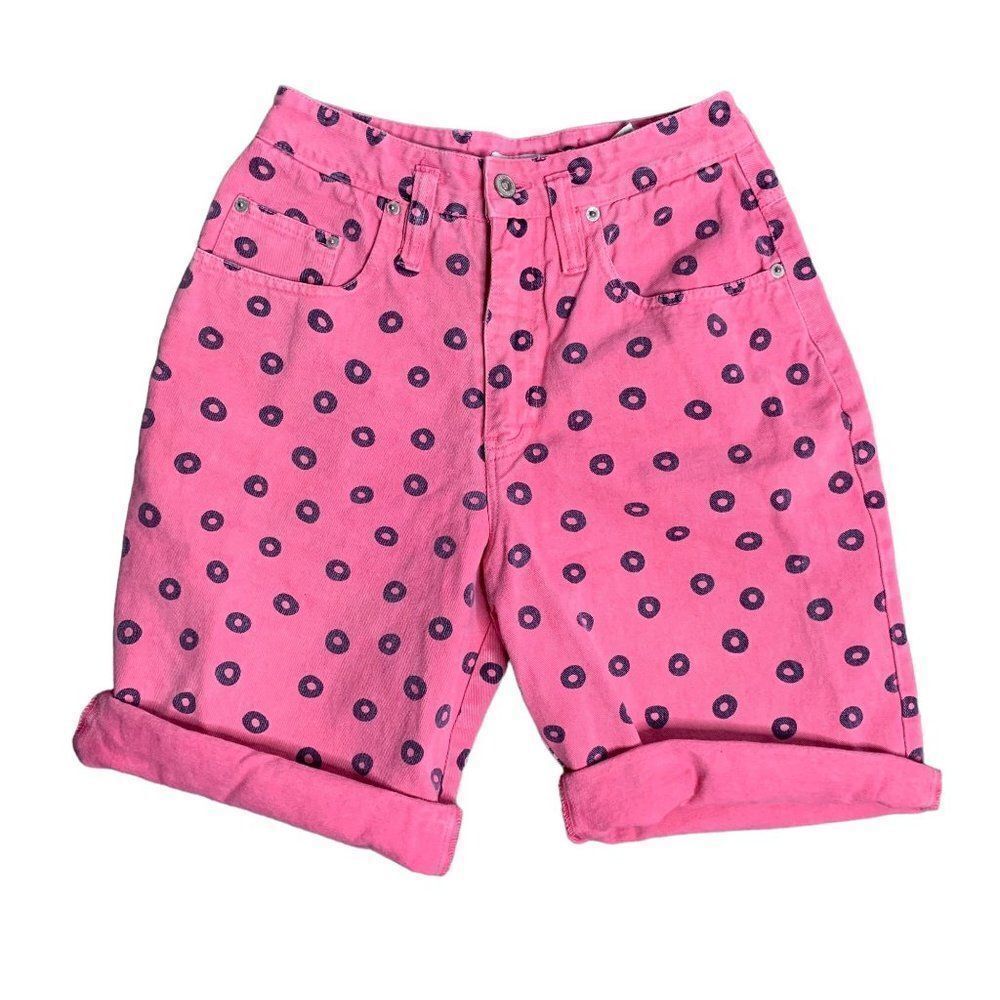 Vintage 80s Union Bay Denim Bermuda Shorts 0 Pink Dots High Waisted 5 Pocket